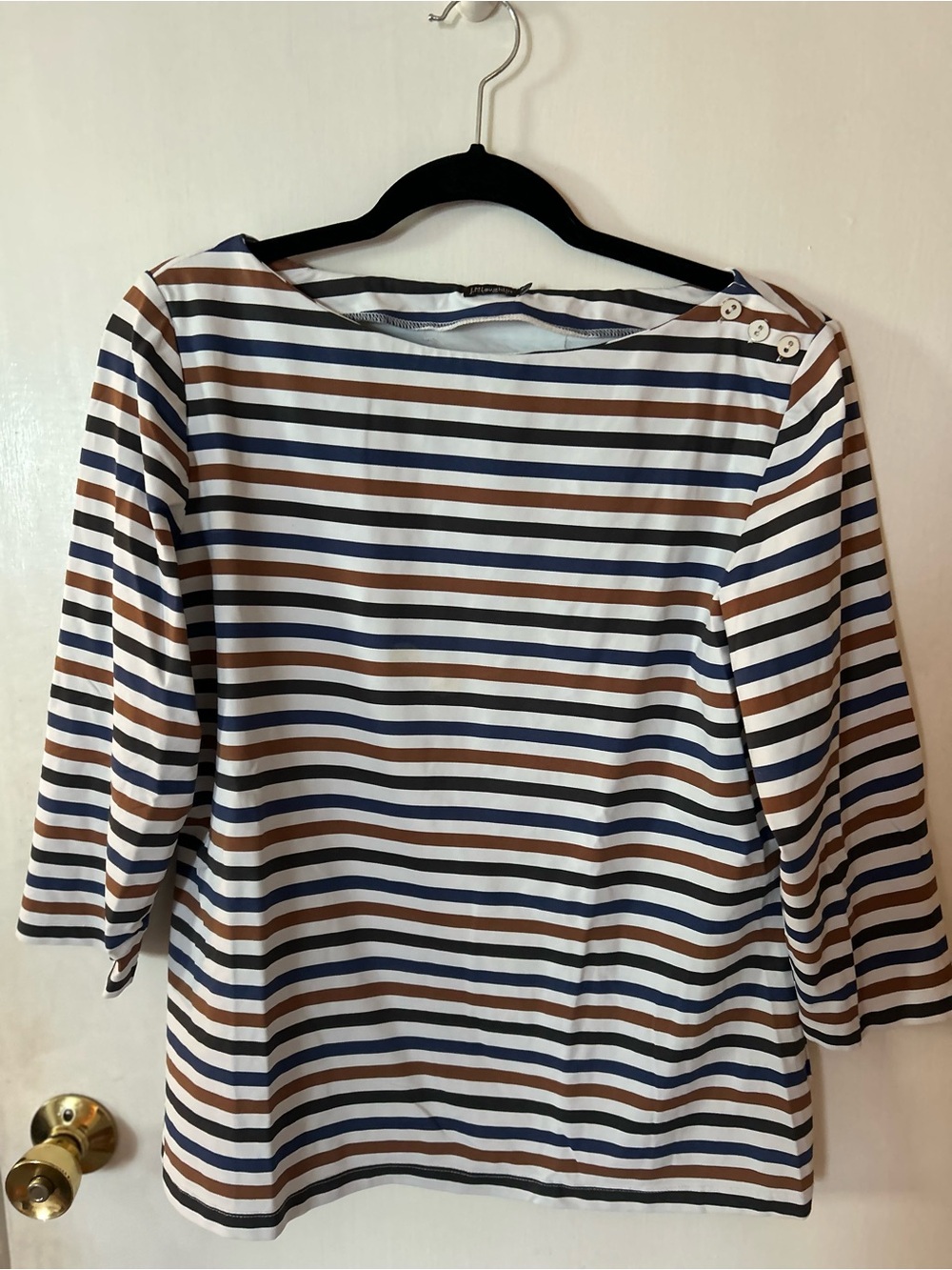 J. McLaughlin Navy, Brown & White Striped Boatneck Long Sleeve Top